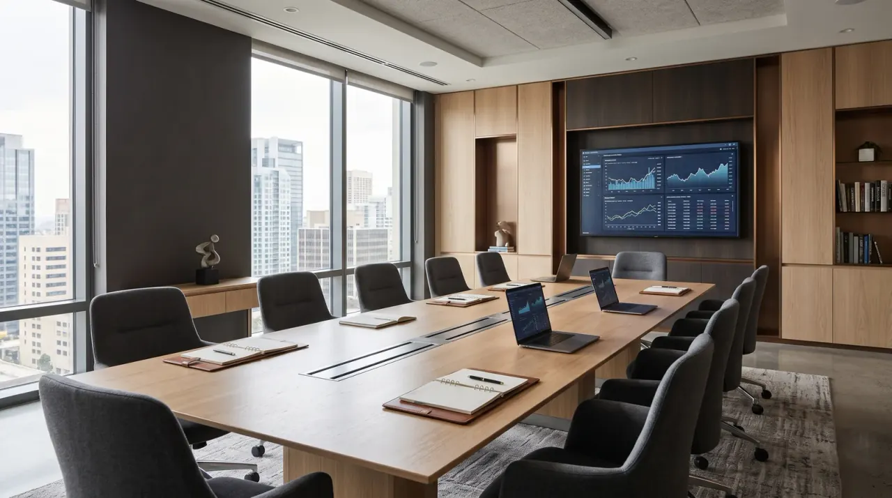 Besprechungsraum mit langem Holztisch, Notizbüchern, Laptops und Bildschirm mit Diagrammen