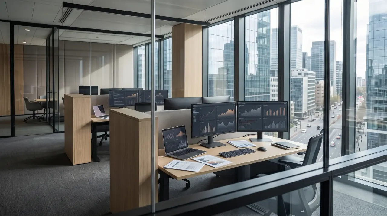 Büro mit Arbeitsplätzen, Bildschirmen mit Diagrammen und Stadtblick durch große Fenster