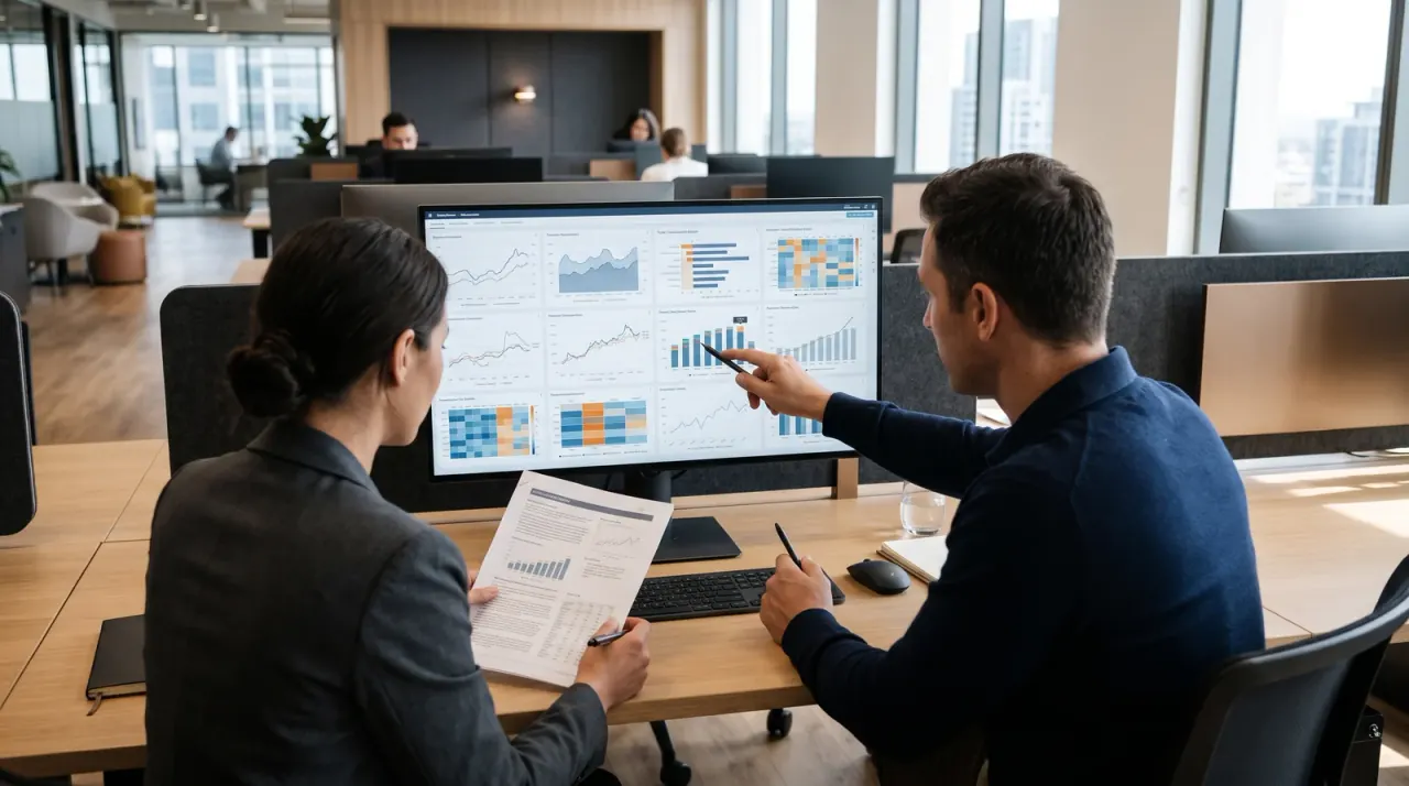 Zwei Personen betrachten Diagramme auf einem Monitor, eine zeigt darauf, eine hält einen Bericht